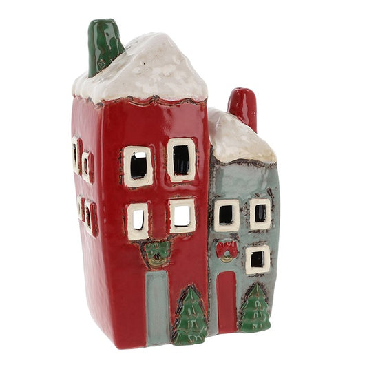 Xmas 2 House Tealight Holder - Village Pottery